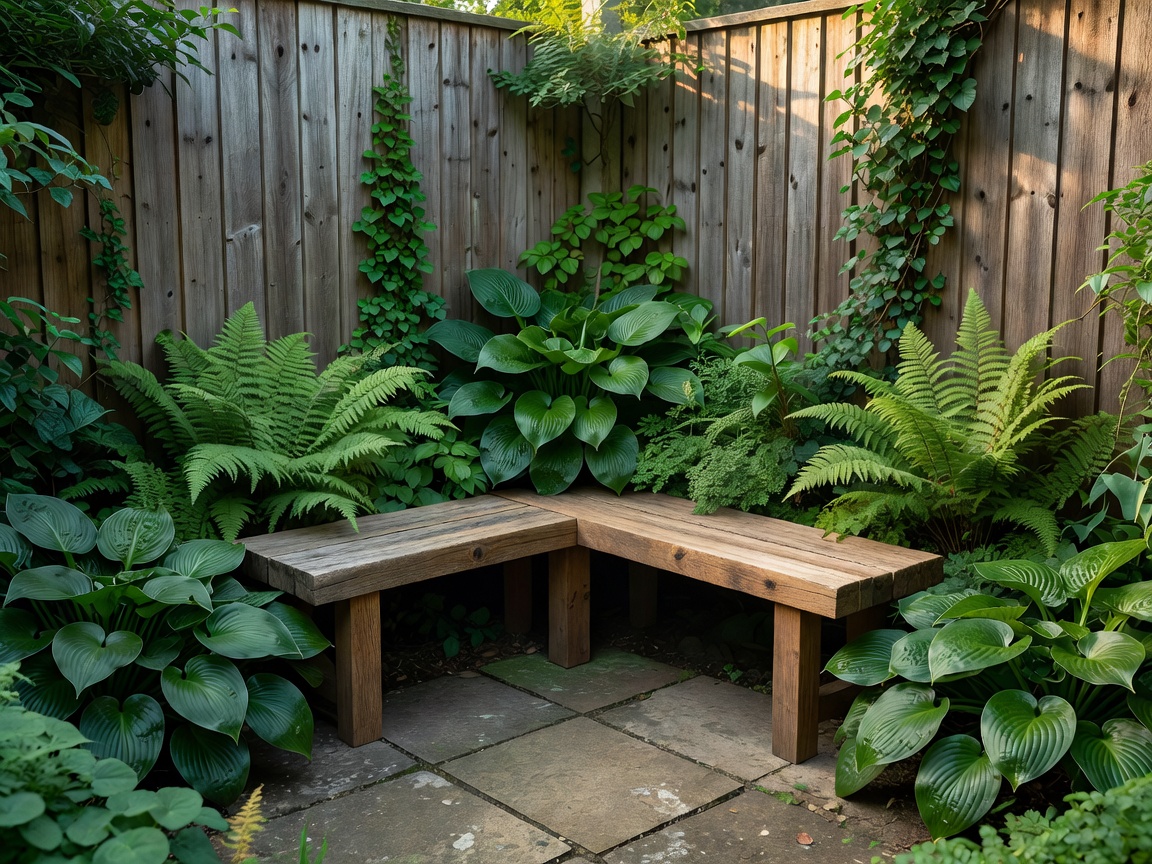 Illustrative sheltered corner seat with leafy planting behind it