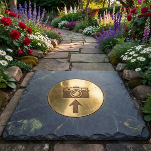 A discreet camera-position reference beside a paving joint