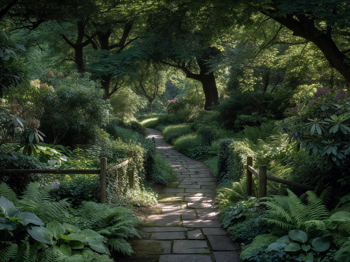 A shaded garden path framed by layered planting and a simple boundary