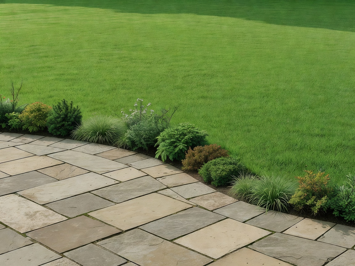 Illustrative patio and lawn transition with a simple planted edge