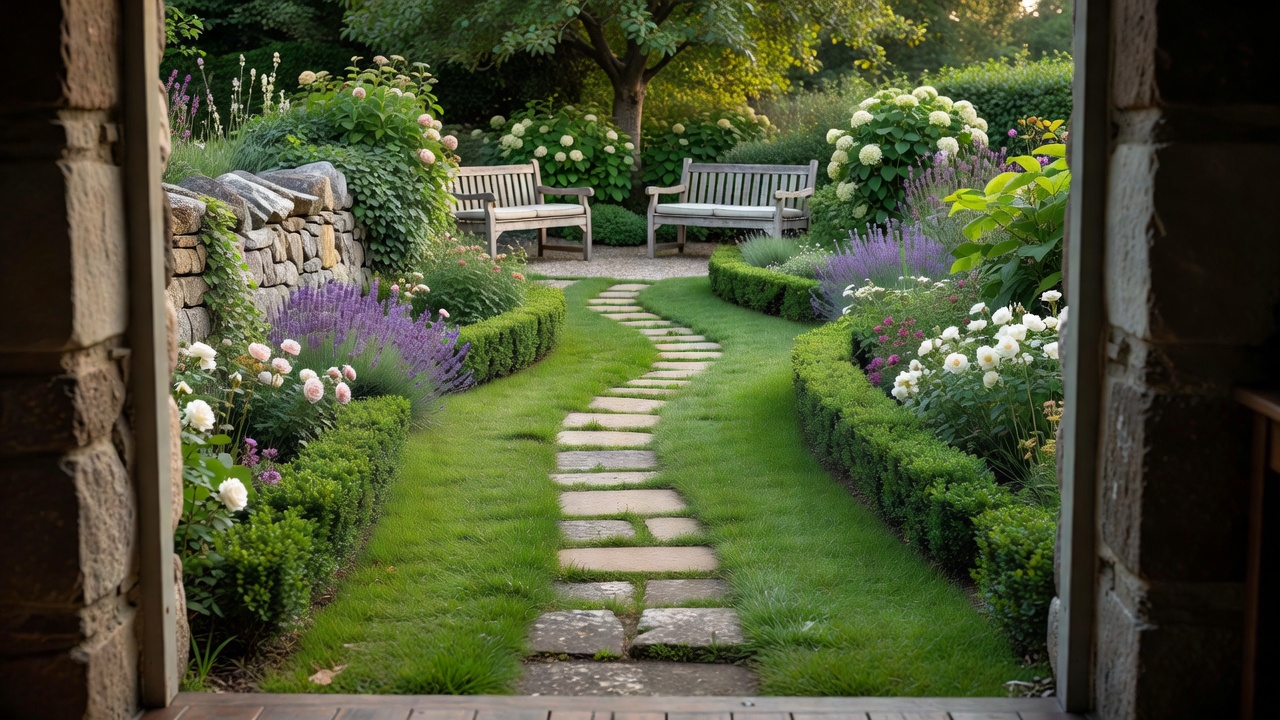 A garden documentation view from a doorway including the path, boundaries and seating area