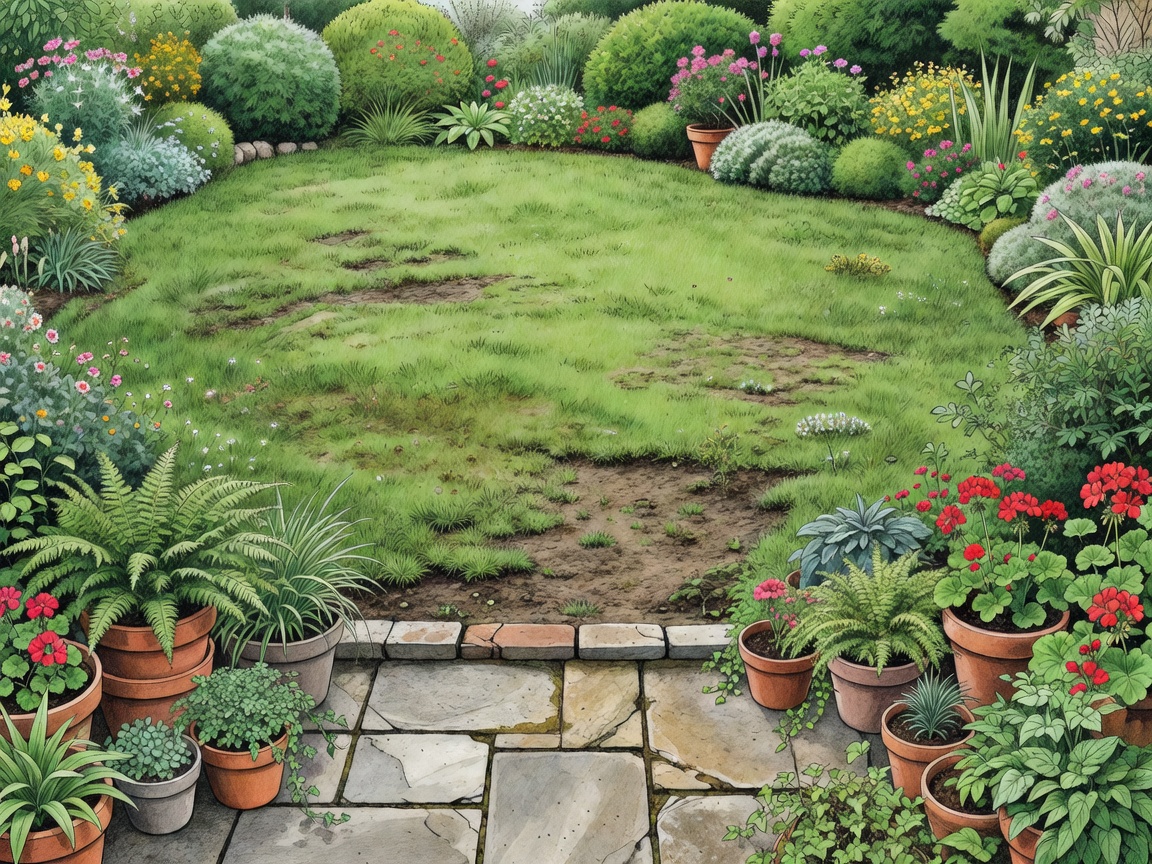 Illustrative garden with an uneven lawn edge and a small crowded patio