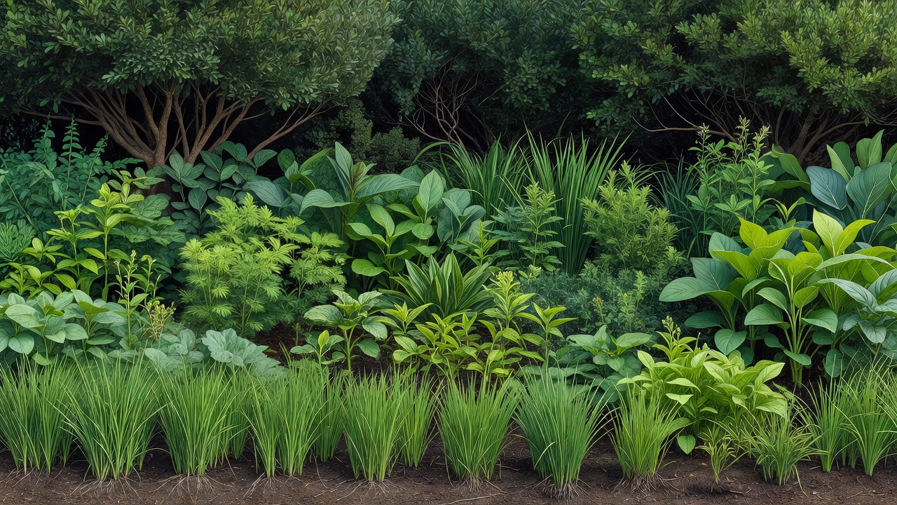 Illustrative layered border with young grasses, perennials and darker shrub structure