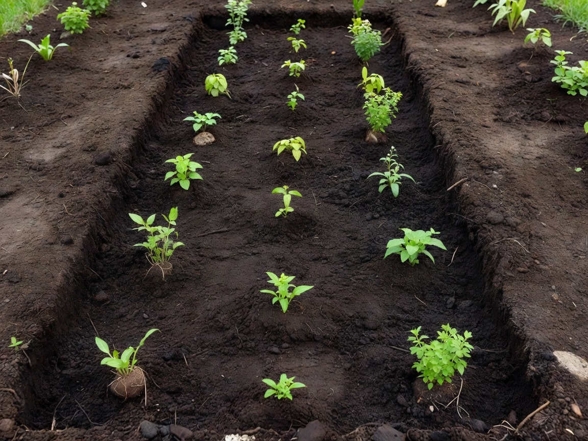 Illustrative new border with open soil between young perennial plants