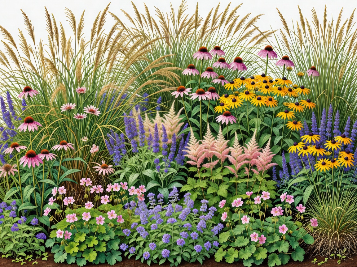 Illustrative later border with overlapping perennial foliage and seedheads
