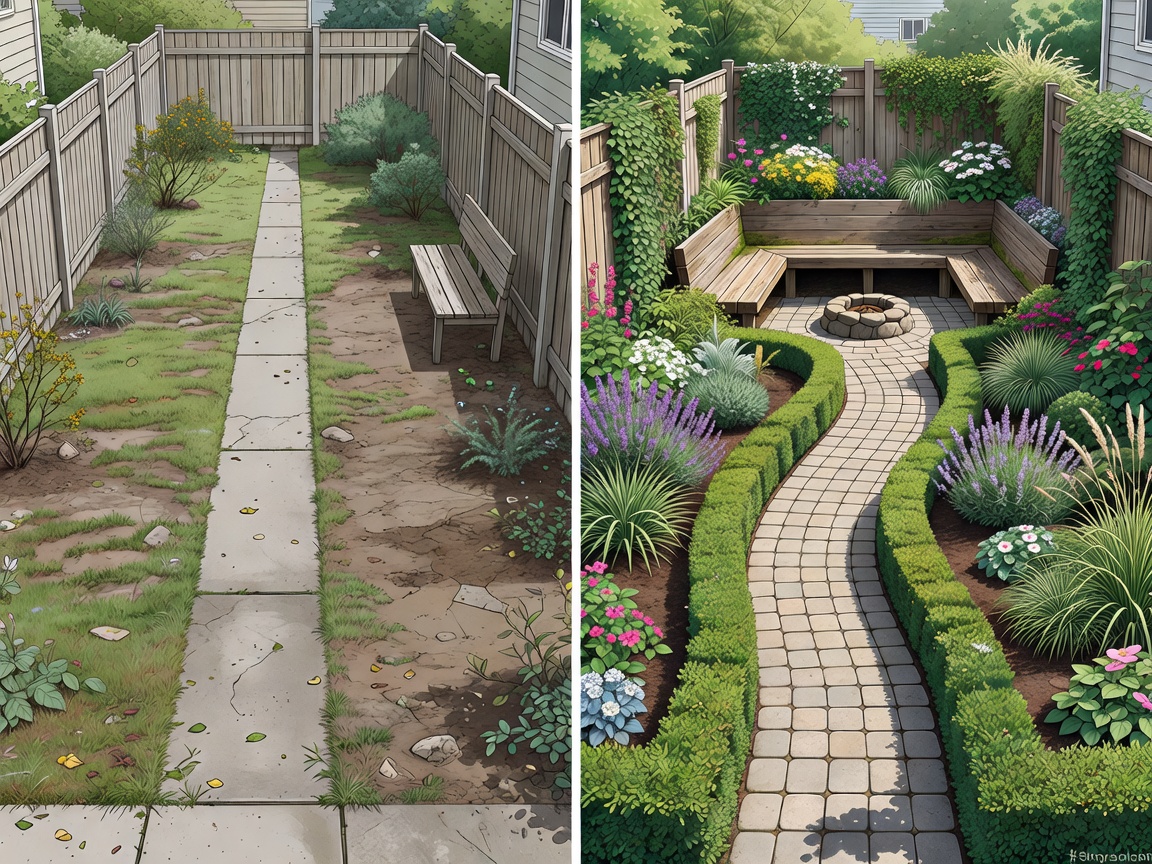 Illustrative small-yard redesign separating a walking route from seating and planting