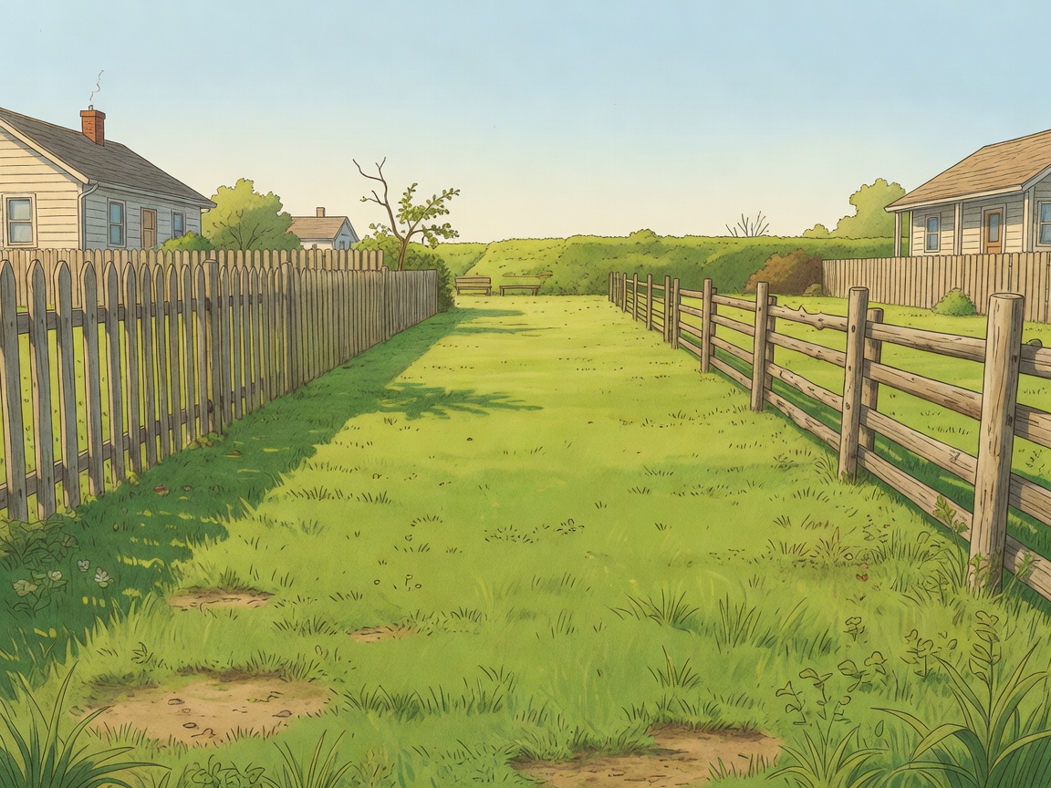 Illustrative small yard with a continuous lawn and little separation between uses